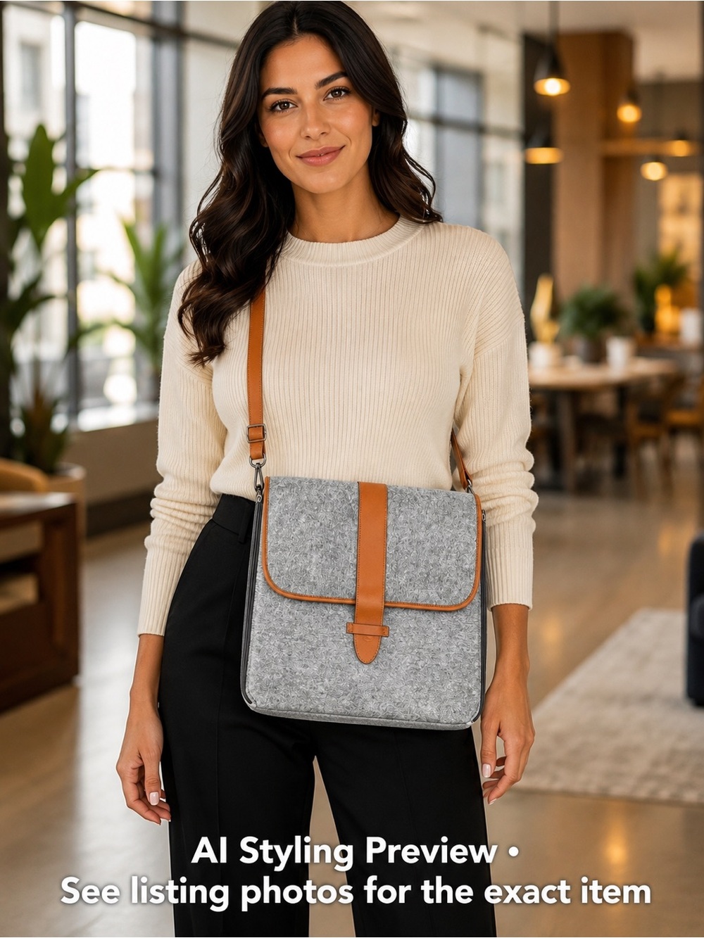 Gray Felt Laptop Messenger Bag Crossbody Office Briefcase 15” Tan Trim